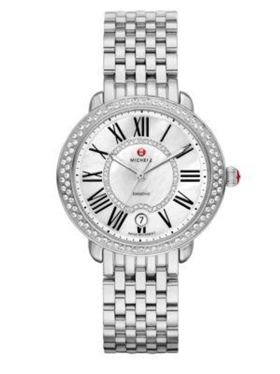 Shop Michele Watches Serein 16 Diamond, Mother-of-pearl & Stainless Steel Bracelet Watch In Silver