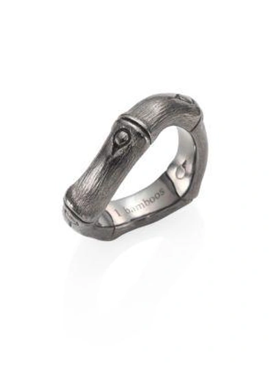 Shop John Hardy Bamboo Brushed Blackened Sterling Silver Curved Band Ring In Rhodium