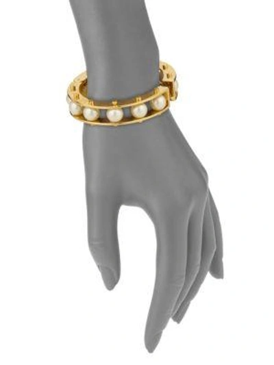 Shop Lele Sadoughi Hinged Faux-pearl Slider Bracelet In Gold