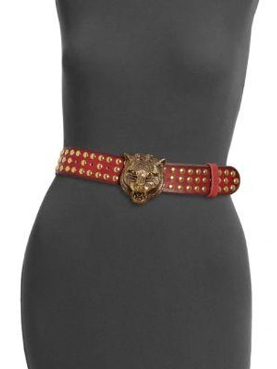 Shop Gucci Feline Studded Leather Belt In Black