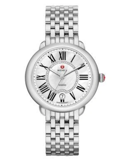 Shop Michele Watches Serein 16 Diamond, Mother-of-pearl & Stainless Steel Bracelet Watch In Silver