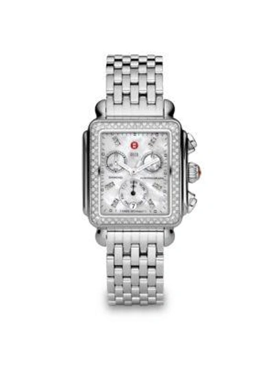 Shop Michele Watches Women's Deco 18 Diamond, Mother-of-pearl & Stainless Steel Chronograph Bracelet Watch In Silver