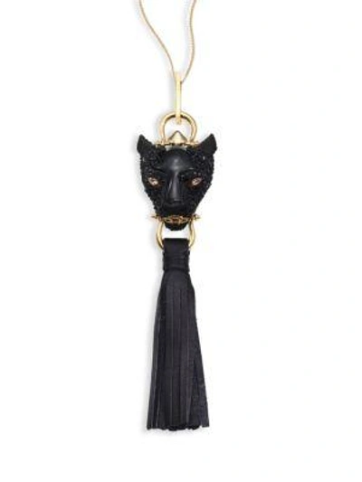 Shop Alexis Bittar Crystal Panther & Leather Tassel Necklace In Black