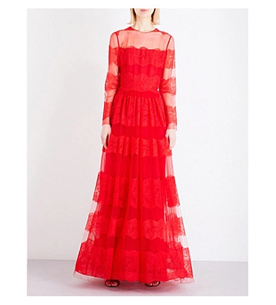 Shop Valentino Long-sleeved Floral-lace And Tulle Gown In Red