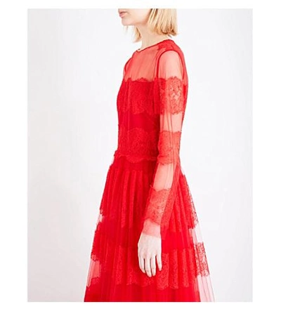 Shop Valentino Long-sleeved Floral-lace And Tulle Gown In Red