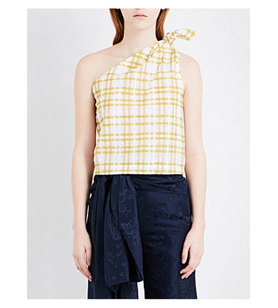 Shop Rosie Assoulin Gingham-print Asymmetric Crepe Top In Yellow