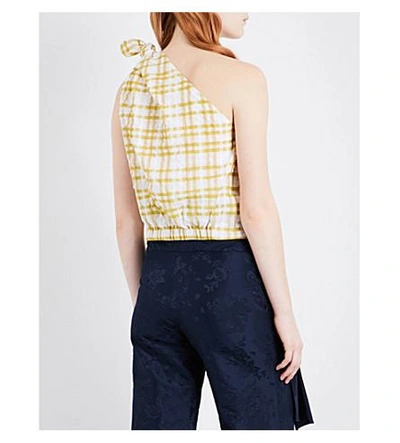 Shop Rosie Assoulin Gingham-print Asymmetric Crepe Top In Yellow