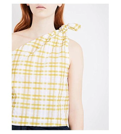 Shop Rosie Assoulin Gingham-print Asymmetric Crepe Top In Yellow