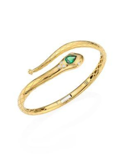 Shop Temple St Clair Serpent Bella Diamond, Tsavorite & 18k Yellow Gold Bangle In Gold/tsavorite