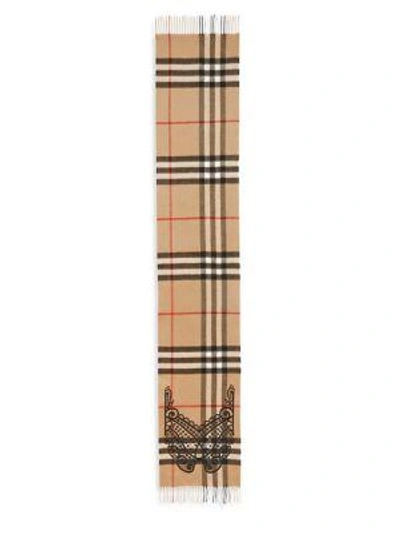 Shop Burberry Lace-embroidered Giant Check Cashmere Scarf In Camel