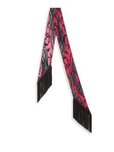 Shop Rockins Flora Classic Skinny Fringed Silk Scarf In Pink-multi