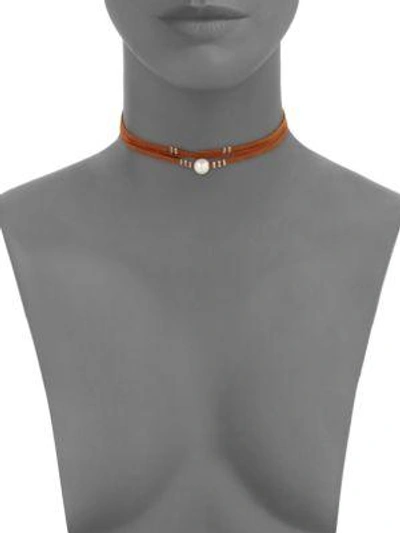 Shop Chan Luu 8-9mm White Freshwater Pearl & Leather Choker In Brown