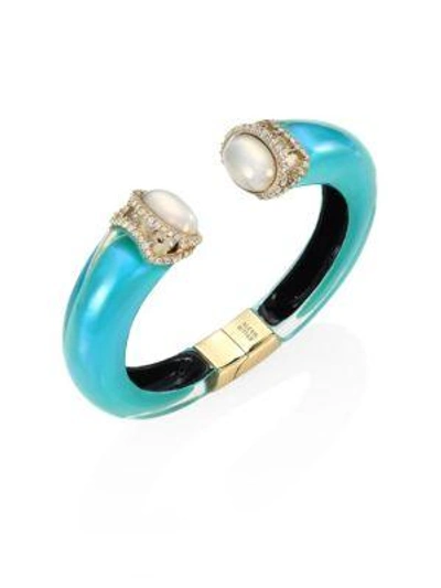 Shop Alexis Bittar Medium Open Lucite & Faux Pearl Cuff In Turquoise