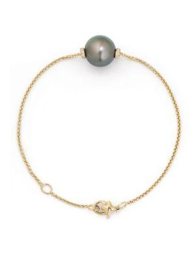 Shop David Yurman Solari Single Station Bracelet In 18k Gold With Diamonds And Tahitian Grey Pearl In Gold-pearl