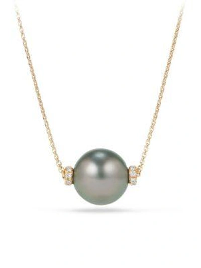 Shop David Yurman Solari 12mm Tahitian Grey Pearl Necklace With Diamonds In 18k Gold