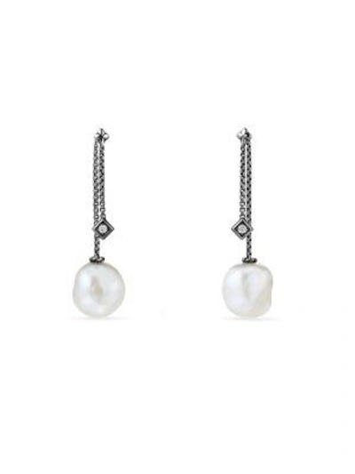 Shop David Yurman Solari Drop Earrings With Diamonds And Pearl In Darkened Silver