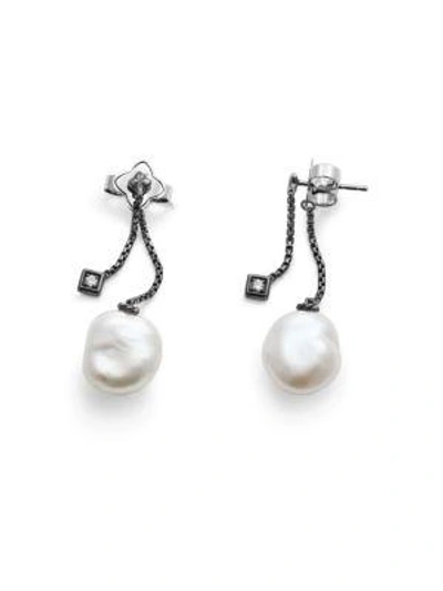 Shop David Yurman Solari Drop Earrings With Diamonds And Pearl In Darkened Silver