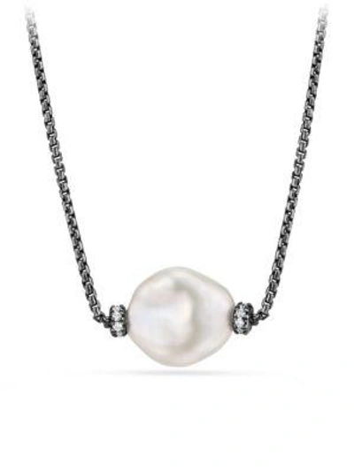 Shop David Yurman Solari Station Necklace With Diamonds And Pearls In Darkened Silver