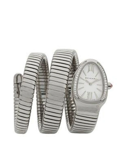 Shop Bvlgari Women's Serpenti Tubogas Stainless Steel & Diamond Double Twist Watch In Silver