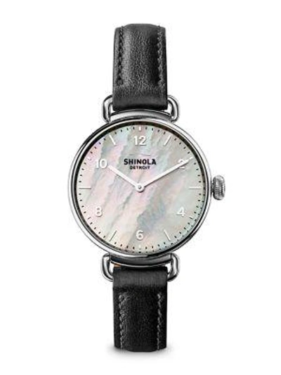 Shop Shinola The Canfield Mother-of-pearl, Stainless Steel & Leather Strap Watch In Black