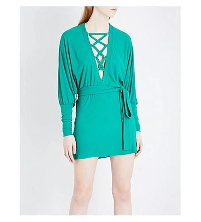 Shop Balmain Lace-up Crepe Mini Dress In Emeraude