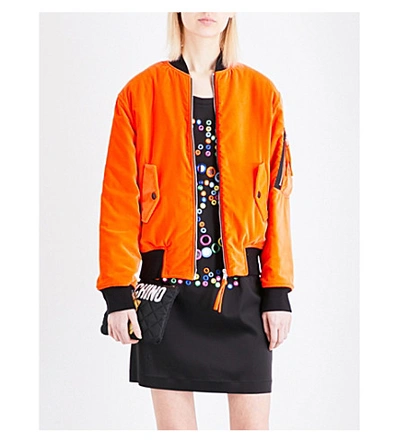 Shop Moschino Logo-print Velvet Bomber Jacket In Orange