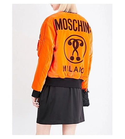 Shop Moschino Logo-print Velvet Bomber Jacket In Orange