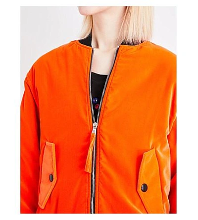 Shop Moschino Logo-print Velvet Bomber Jacket In Orange