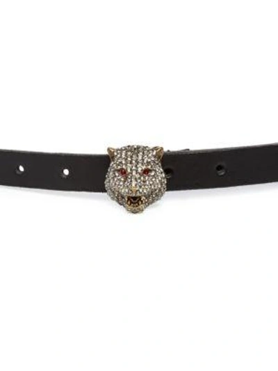 Shop Gucci Crystal Tiger Head Leather Belt In Black Diamond