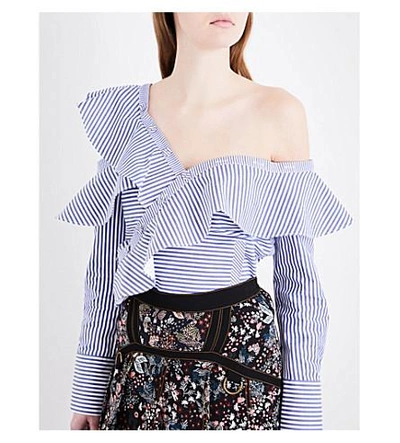 Shop Self-portrait Striped Frill Cotton Shirt In Blue