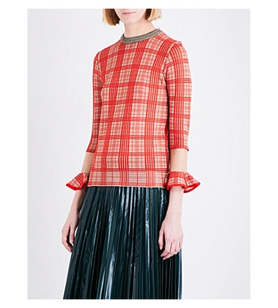 Toga Gingham-jacquard Stretch-knit Top In Red