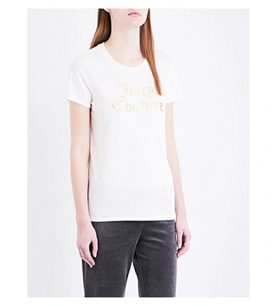 Juicy Couture Paisley Flourish Embellished Cotton-jersey T-shirt In Vanilla