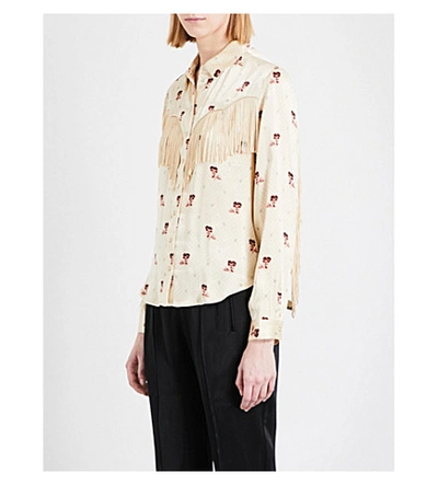 Ganni Fringed Floral And Dotted Satin Shirt In Biscotti 100
