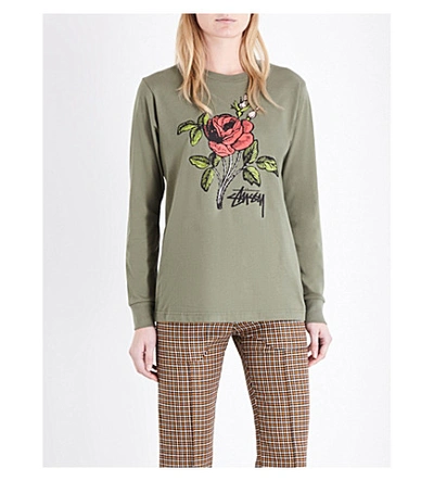 Stussy Rose-print Cotton-jersey Top In Olive