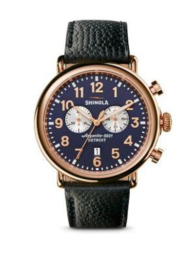Shop Shinola Runwell Chronograph Pvd Rosegold Leather Strap Watch In Navy Gold