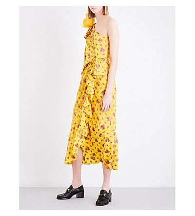 Shop Gucci Floral-print Silk-blend Dress In Lemon