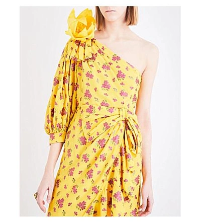 Shop Gucci Floral-print Silk-blend Dress In Lemon