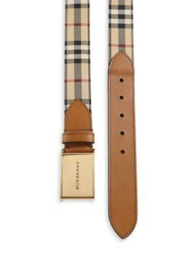 Shop Burberry Leather-trimmed Plaid Belt In Tan-multi