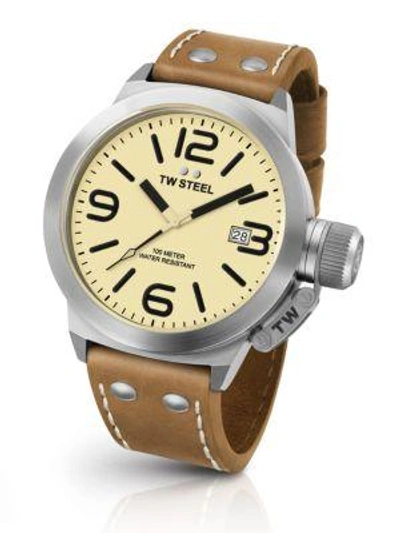Shop Tw Steel Canteen 45mm Stainless Steel & Leather Strap Watch In Light Tan