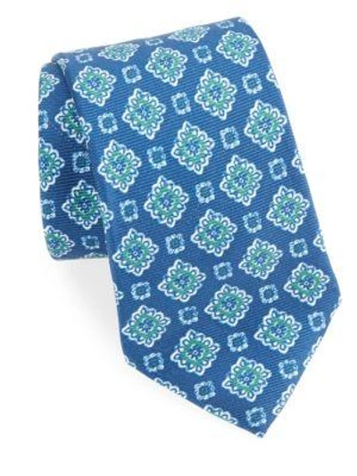Shop Isaia Floral Print Silk Tie In Dark Blue