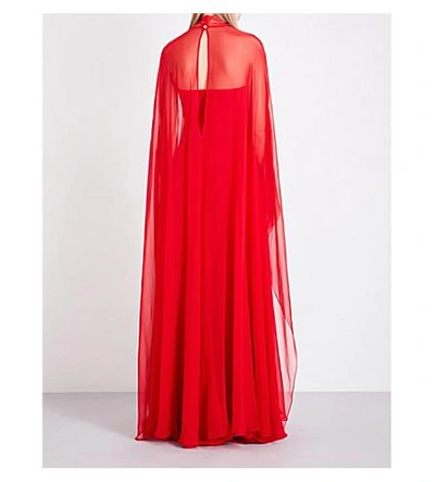 Shop Valentino Cape-back Silk-chiffon Gown In Red