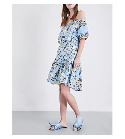Shop Peter Pilotto Off-the-shoulder Stretch-cotton Dress In Blue