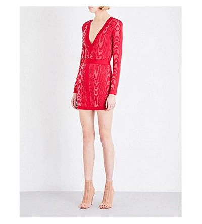 Shop Balmain V-neck Metallic Knitted Dress In Framboise