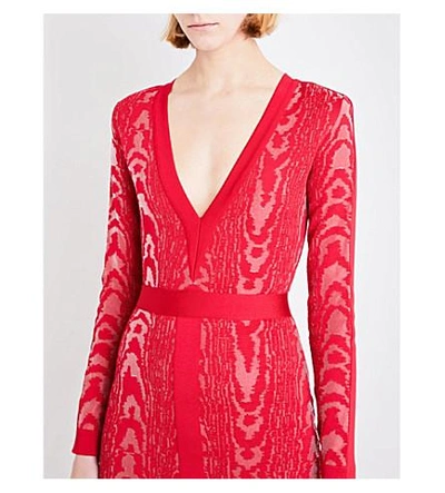 Shop Balmain V-neck Metallic Knitted Dress In Framboise