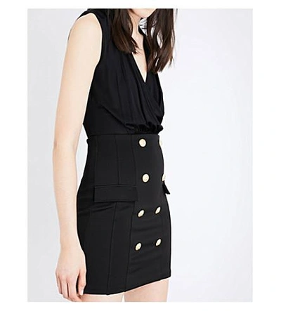 Shop Balmain Buttoned Stretch-jersey Mini Dress In Noir