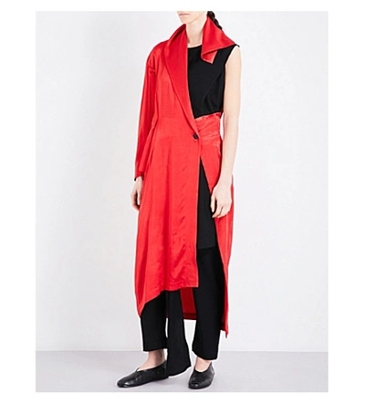 Shop Yohji Yamamoto Wrapped-overlay Satin Coat In Red