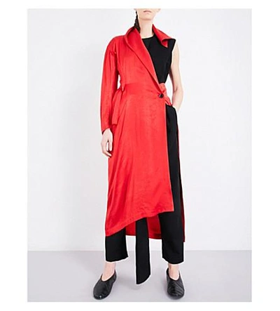 Shop Yohji Yamamoto Wrapped-overlay Satin Coat In Red