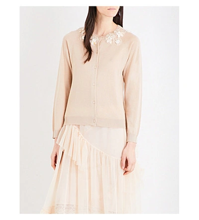 Simone Rocha Flower-embellished Knitted Cardigan In Camel
