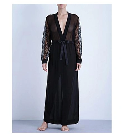 Shop La Perla Shape-allure Long Silk And Lace Robe In Black
