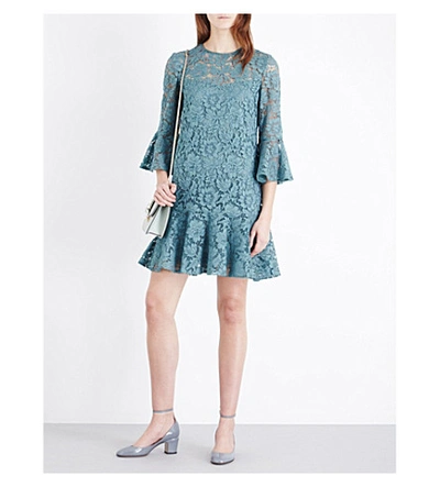 Valentino Bell-sleeve Floral-lace Mini Dress In Green